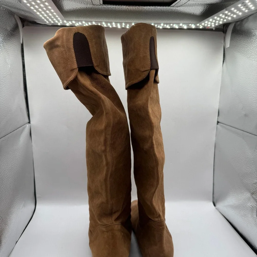 Over The Knee Boots Womens 38 Tan Brown Leather Flat Fold Over Cuff Italy
